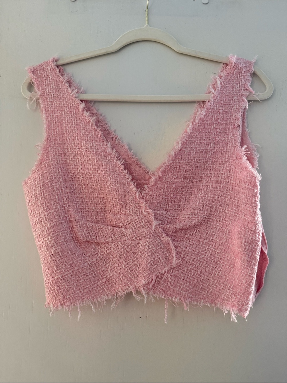 Zara Pink Tweed Frayed V-Neck Crop Top
